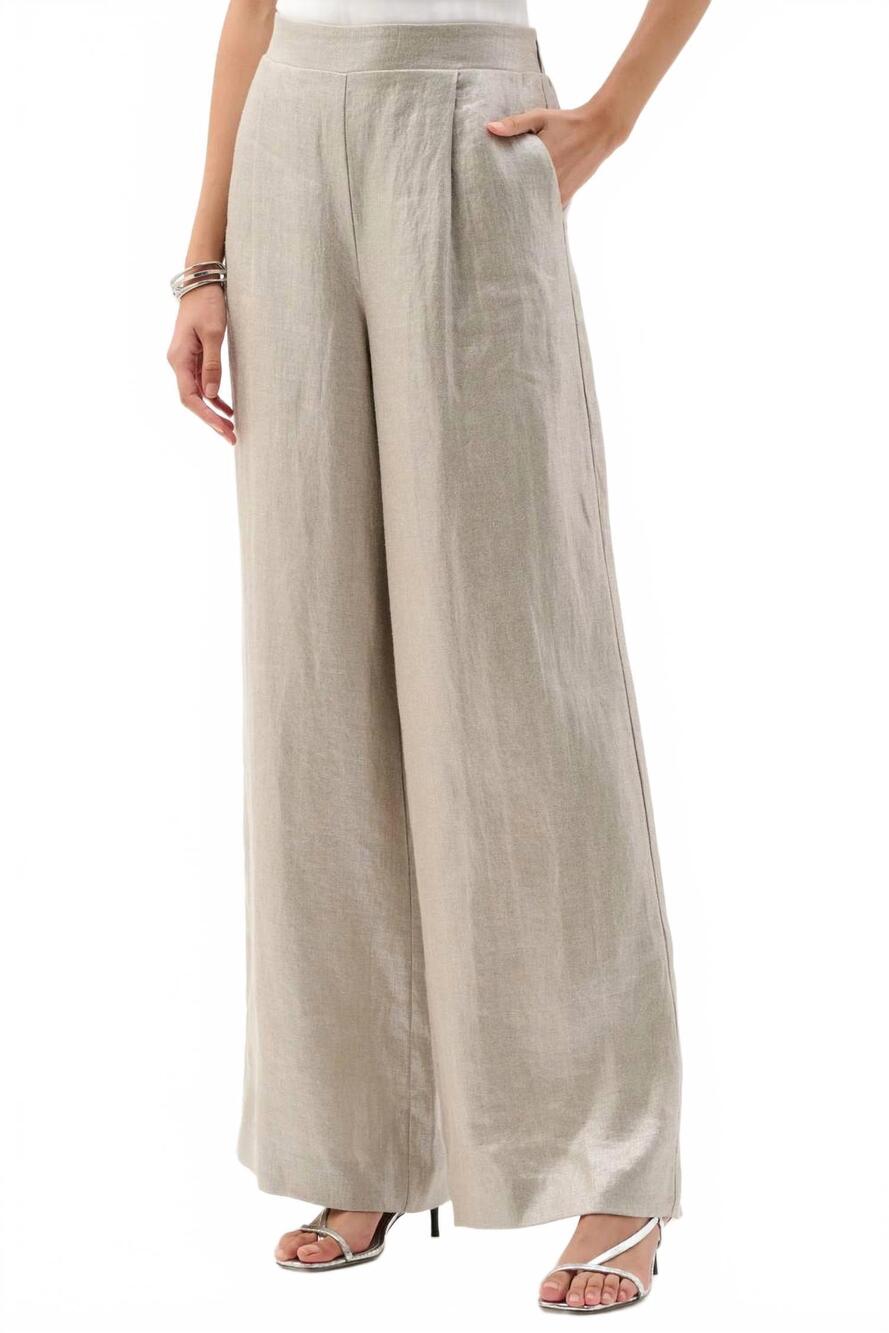 NEW JOSEPH RIBKOFF foiled linen wide leg pants in champagne